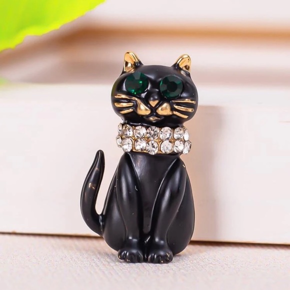 🐈‍⬛ Lovely Jeweled Black Kitty Car Brooch Pin 🐈‍⬛ - Picture 4 of 5